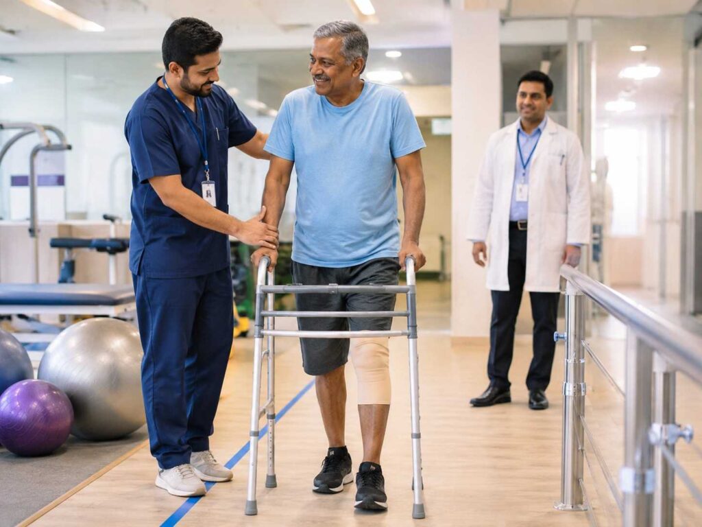 Patient walking with support after robotic knee replacement surgery
