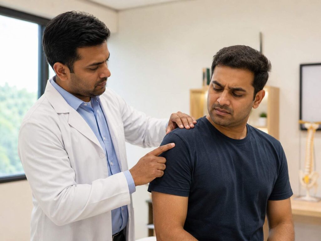 Knee pain treatment and joint examination by orthopaedic doctor