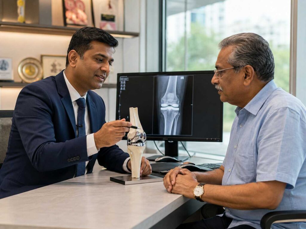Patient walking with support after robotic knee replacement surgery