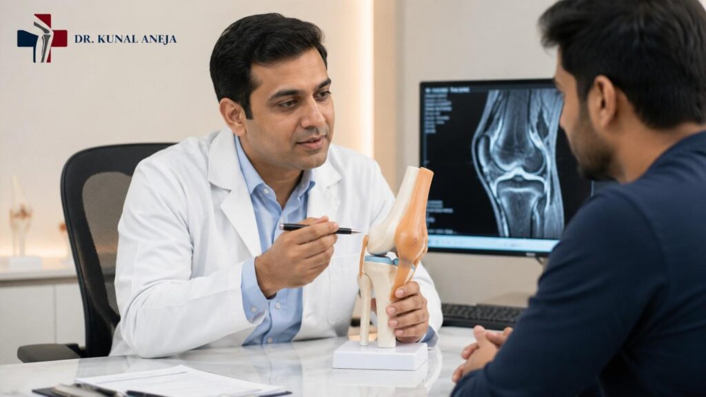 Meniscus injury specialist in Rohini examining knee pain patient