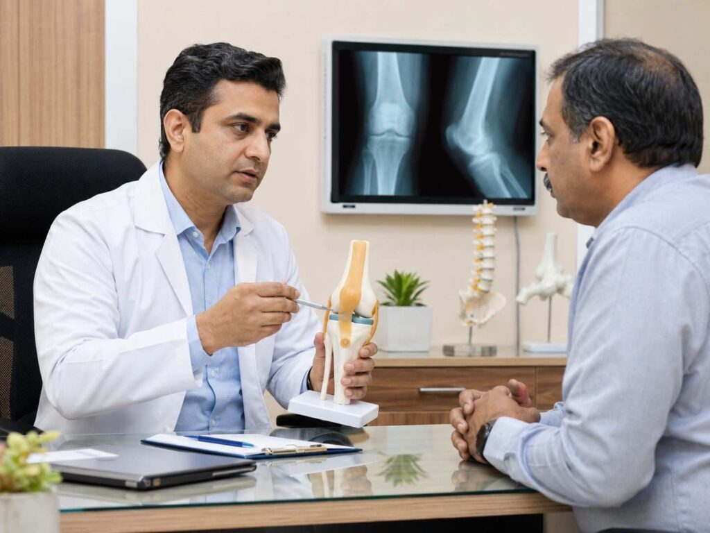 Doctor explaining knee joint problem to patient in Delhi