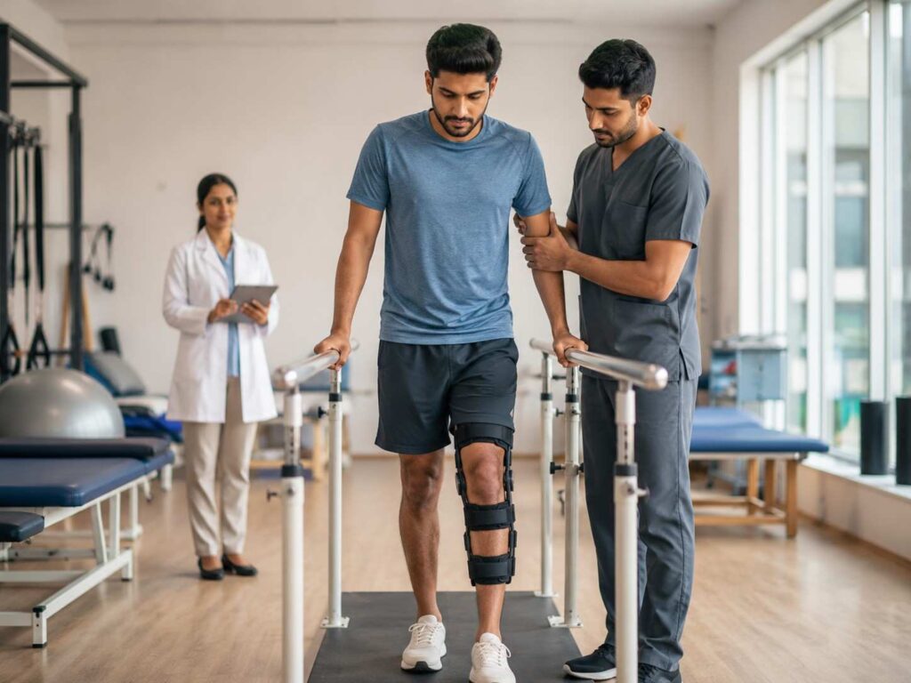 Patient receiving sports injury rehabilitation with orthopaedic care